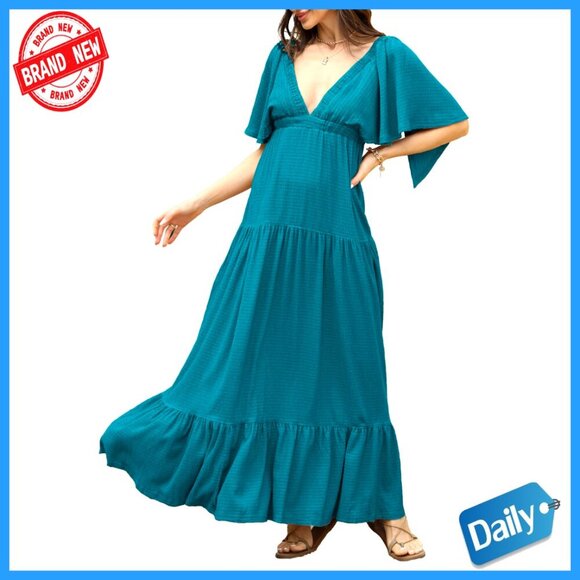 Dresses & Skirts - V-Neck Maxi Dress with Flutter Sleeves Backless Elastic Waist Tiered Flowy